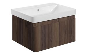 Flute 605mm Wall Hung 1 Drawer Basin Unit & Basin - Textured Walnut